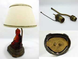 Cambridge Glass Buddha in Amber & Lamp Base late 1920s